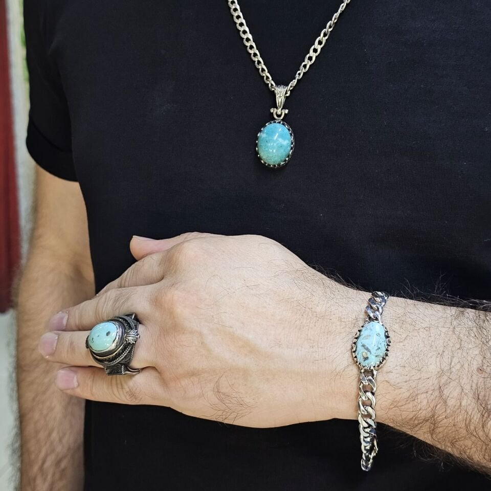 Üst Düzey 925 Ayar Gümüş Erkek Doğaltaş Set