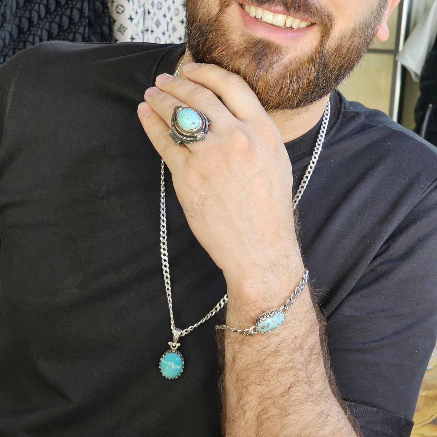 Üst Düzey 925 Ayar Gümüş Erkek Doğaltaş Set