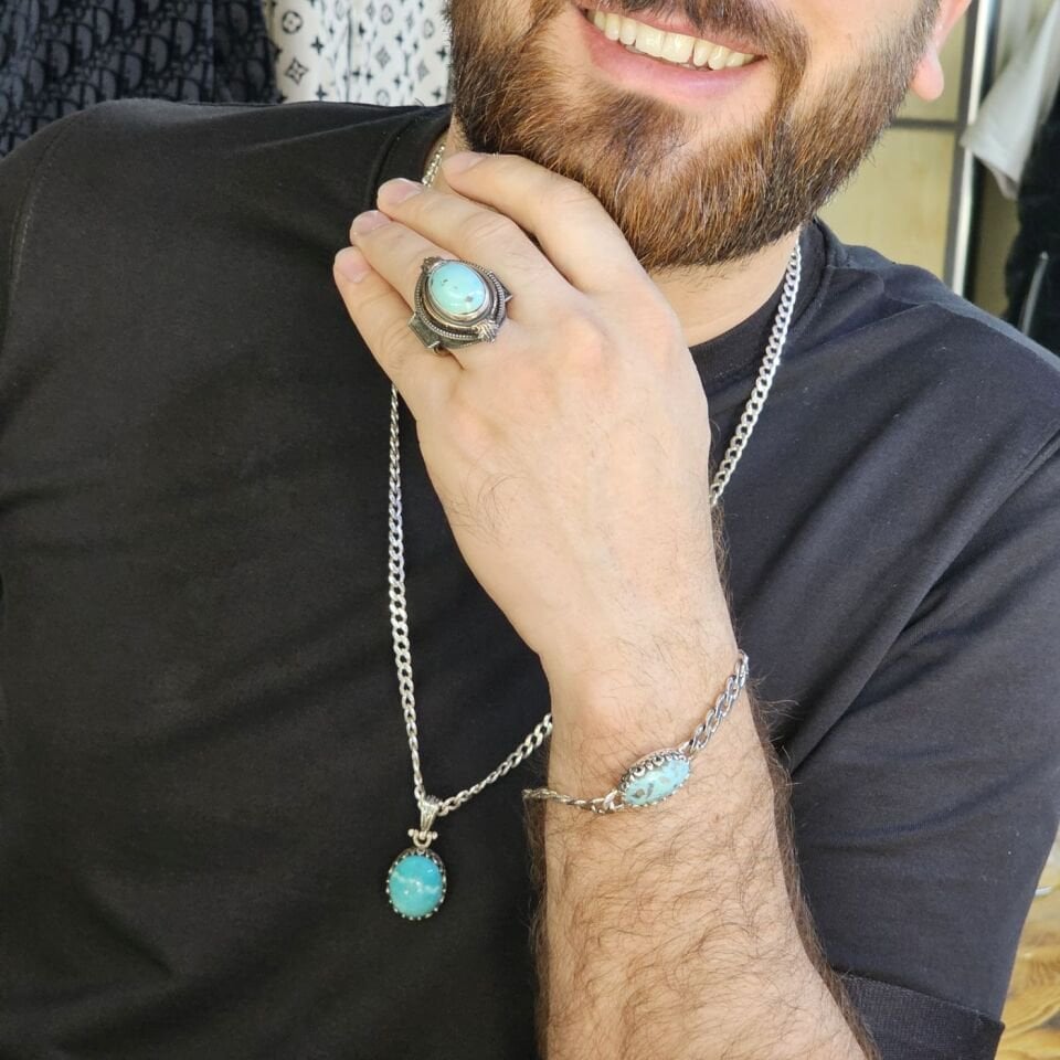 Üst Düzey 925 Ayar Gümüş Erkek Doğaltaş Set