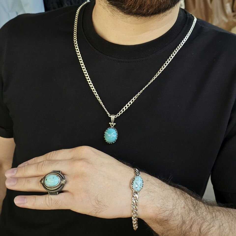 Üst Düzey 925 Ayar Gümüş Erkek Doğaltaş Set