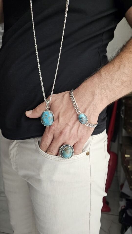 Üst Düzey 925 Ayar Gümüş Erkek Doğal Firuze taş Set