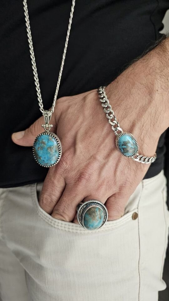 Üst Düzey 925 Ayar Gümüş Erkek Doğal Firuze taş Set