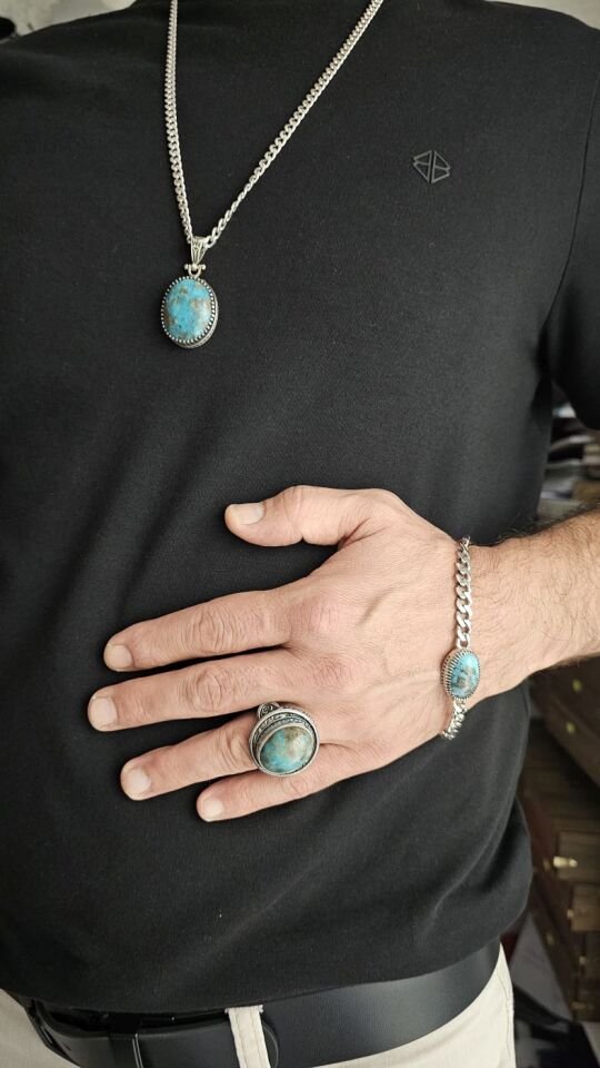 Üst Düzey 925 Ayar Gümüş Erkek Doğal Firuze taş Set