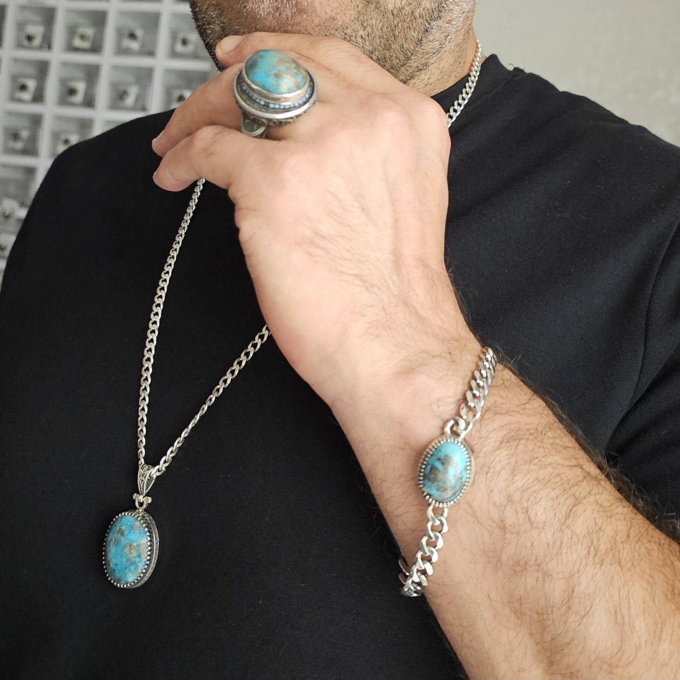 Üst Düzey 925 Ayar Gümüş Erkek Doğal Firuze taş Set