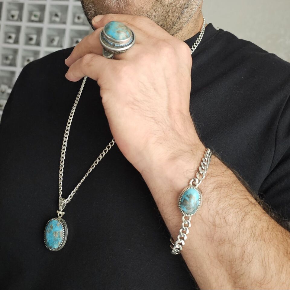 Üst Düzey 925 Ayar Gümüş Erkek Doğal Firuze taş Set