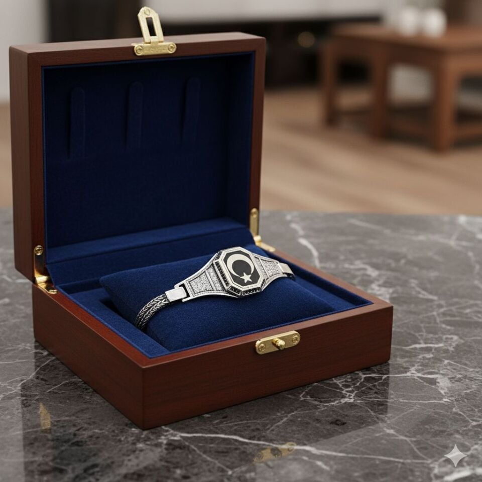 Ay Yıldız desenli 925 Ayar Erkek Künye Bileklik