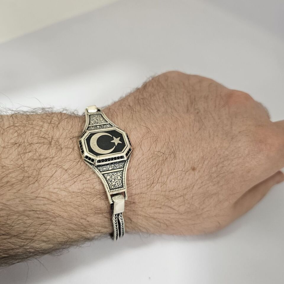 Ay Yıldız desenli 925 Ayar Erkek Künye Bileklik