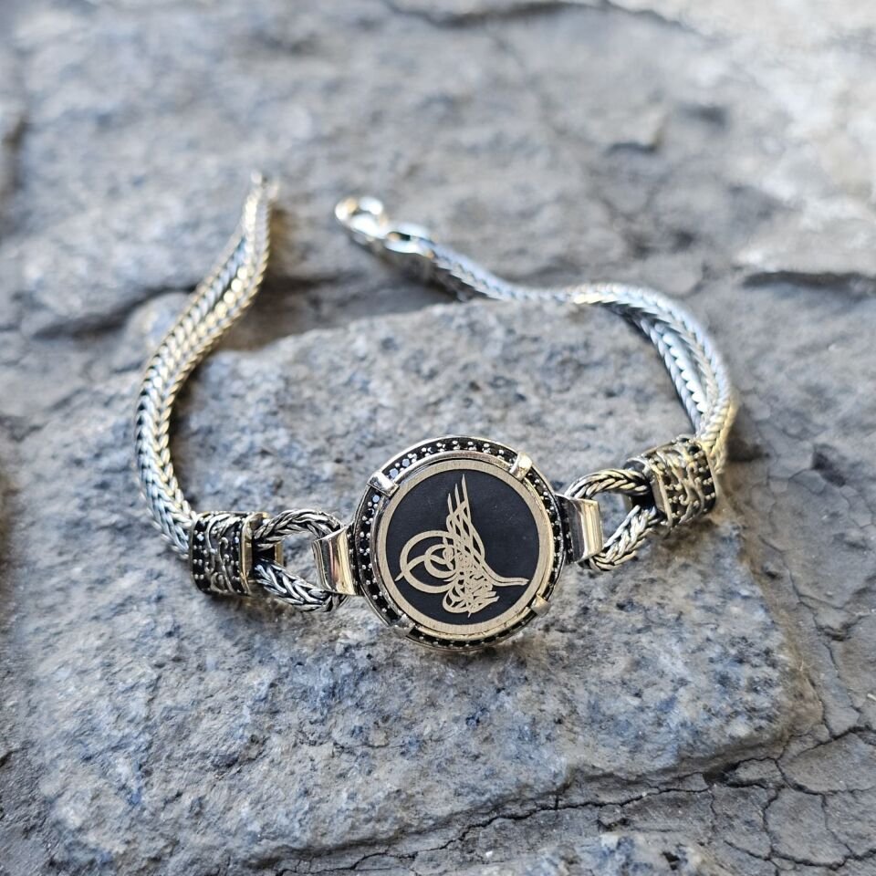 Osmanlı Tuğra Lazer işlemeli 925 Ayar Erkek Gümüş Bileklik