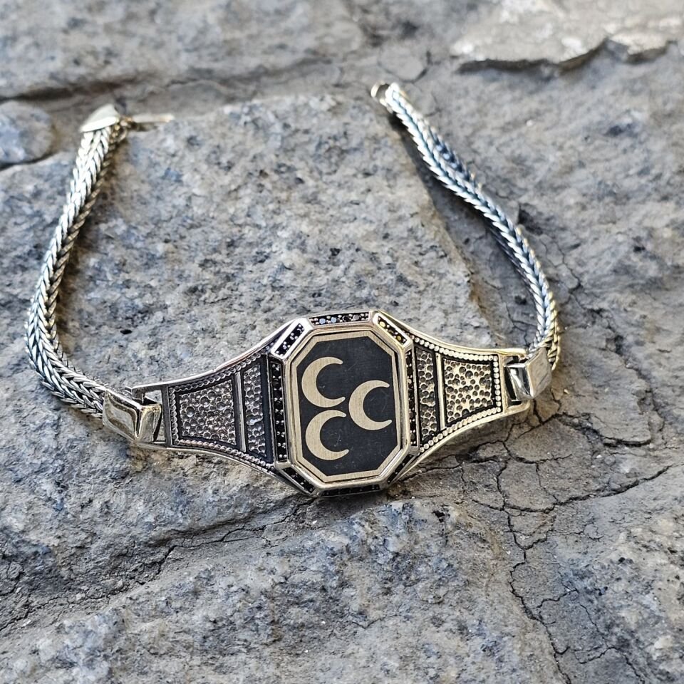 Üç Hilal Lazer işlemeli 925 Ayar Erkek Gümüş Bileklik