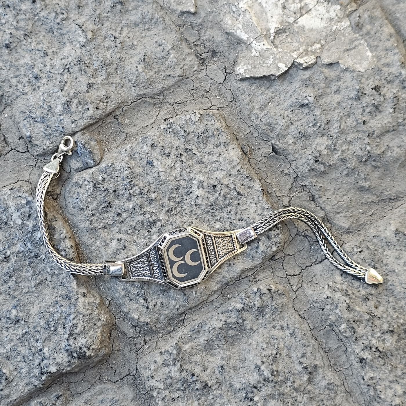 Üç Hilal Lazer işlemeli 925 Ayar Erkek Gümüş Bileklik