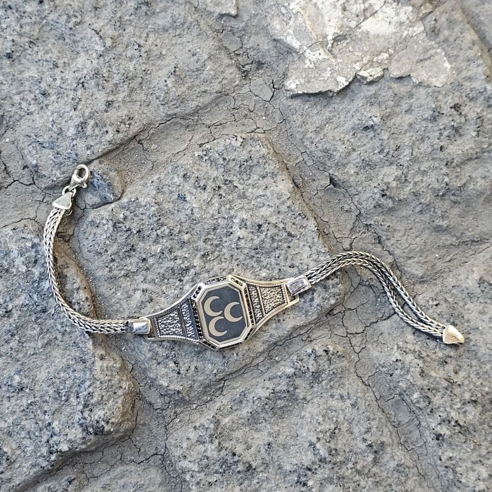 Üç Hilal Lazer işlemeli 925 Ayar Erkek Gümüş Bileklik