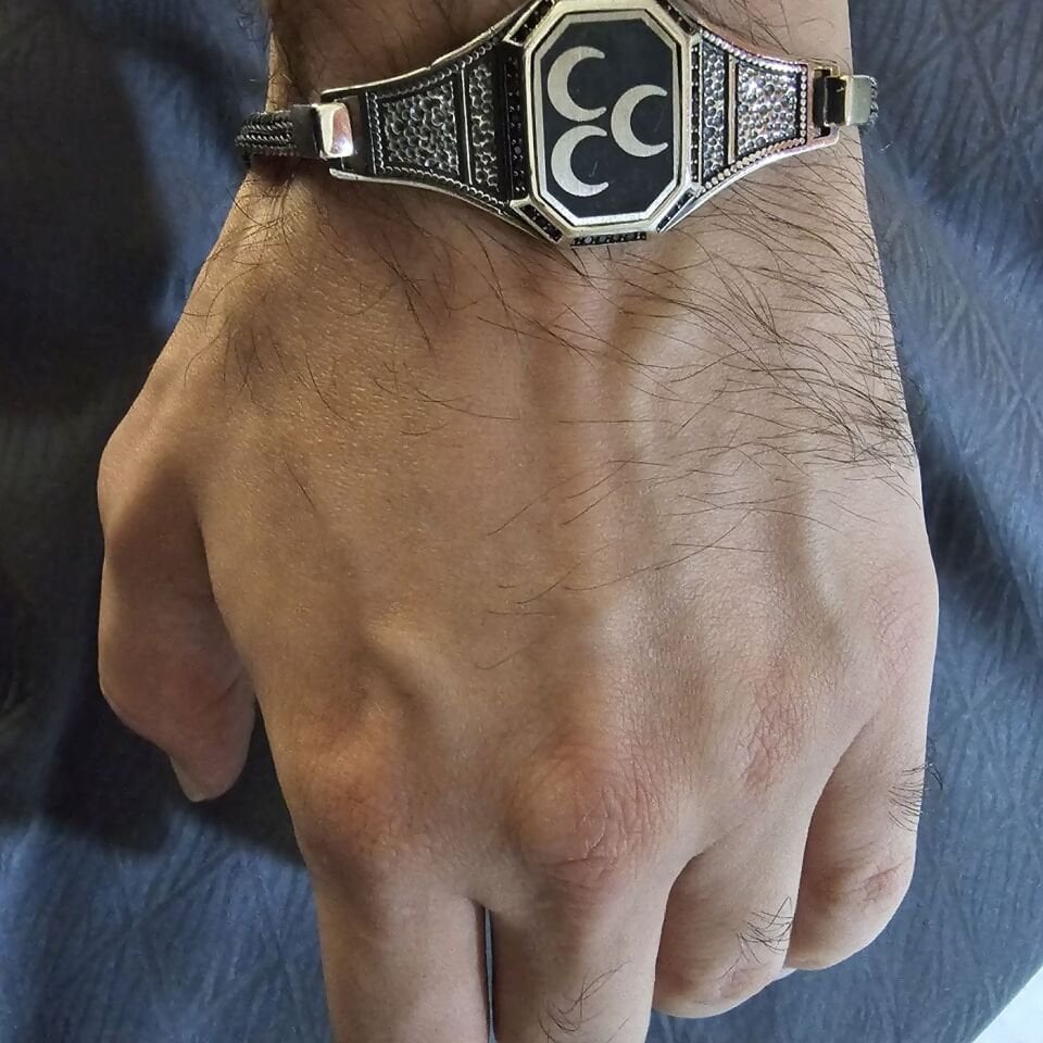 Üç Hilal Lazer işlemeli 925 Ayar Erkek Gümüş Bileklik