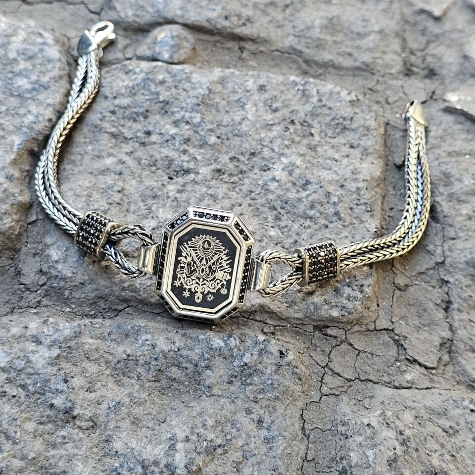 Osmanlı Arması Lazer işelemeli 925 Ayar Gümüş Erkek Bileklik
