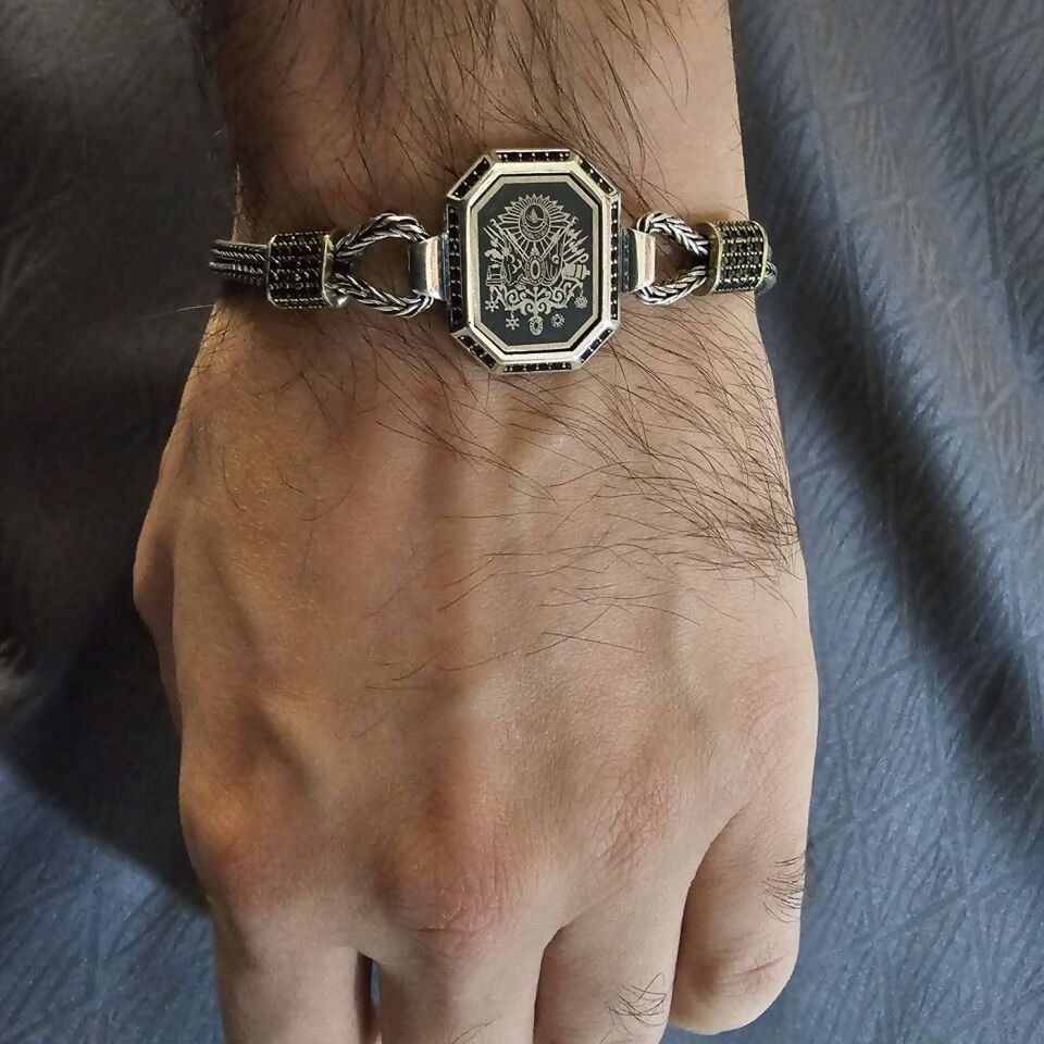 Osmanlı Arması Lazer işelemeli 925 Ayar Gümüş Erkek Bileklik