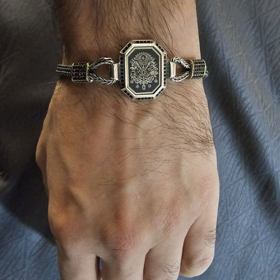 Osmanlı Arması Lazer işelemeli 925 Ayar Gümüş Erkek Bileklik