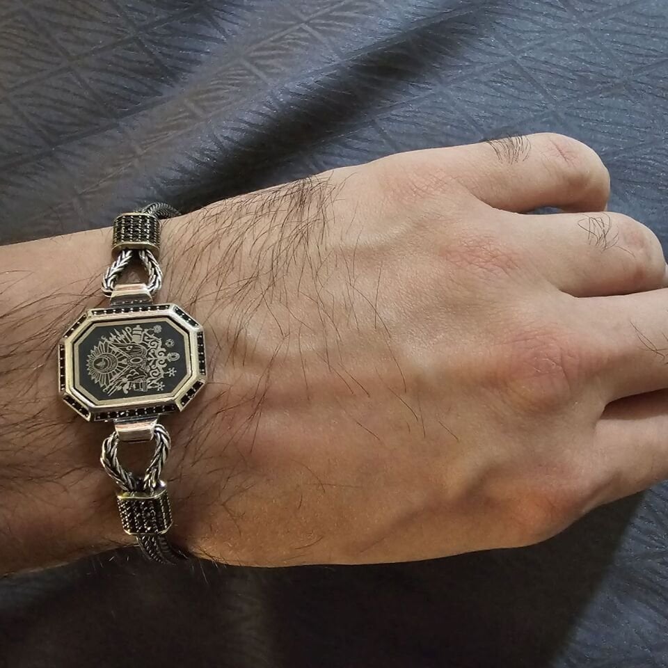 Osmanlı Arması Lazer işelemeli 925 Ayar Gümüş Erkek Bileklik