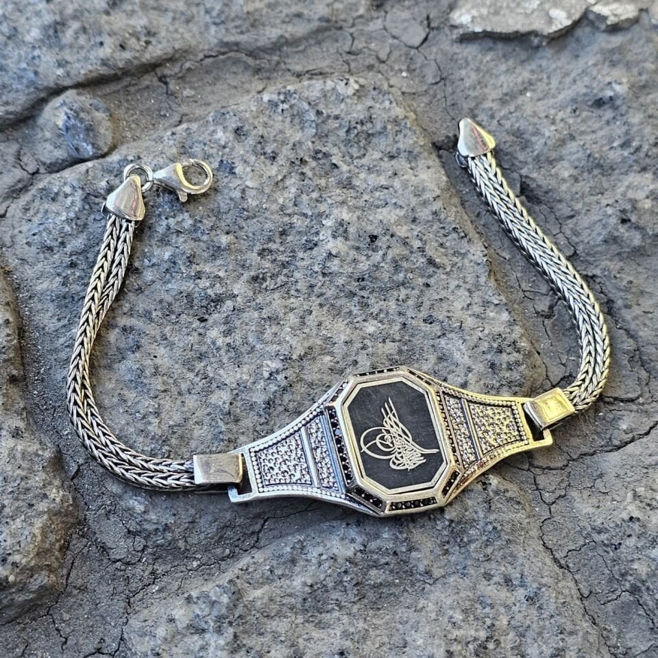 Osmanlı Tuğra Lazer işelemeli 925 Ayar Gümüş Erkek Bileklik