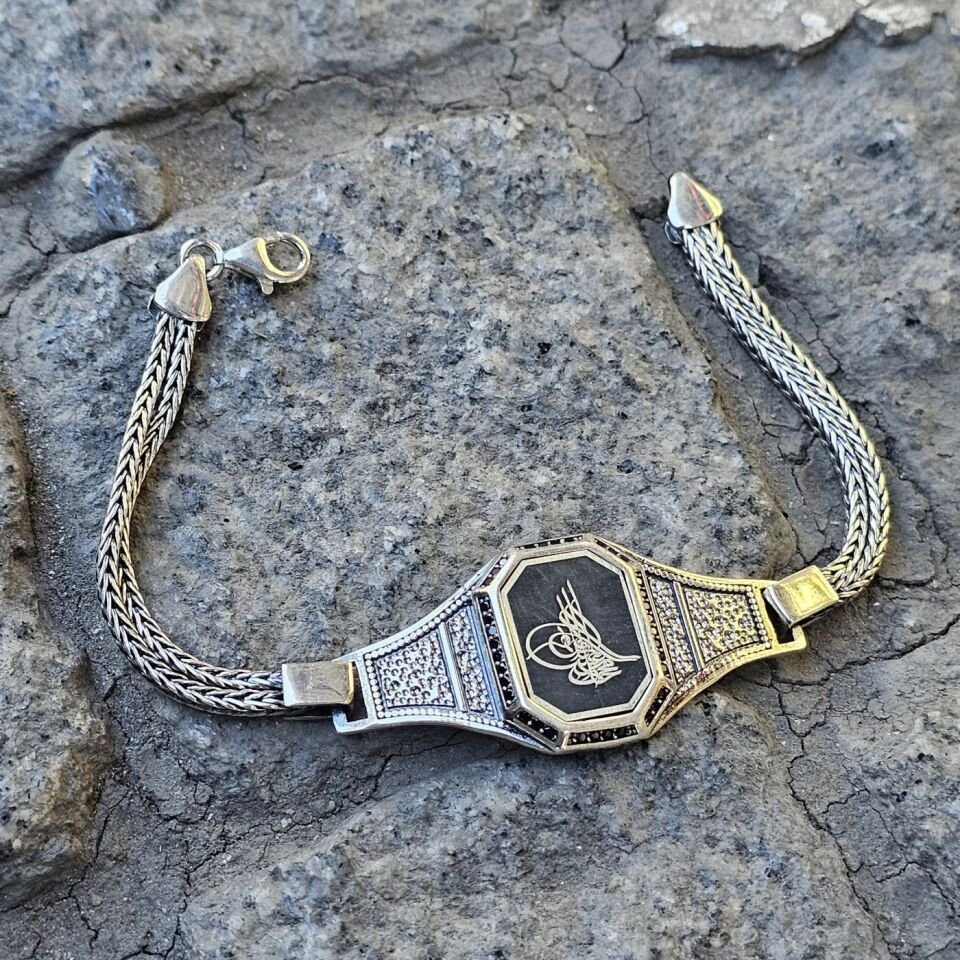 Osmanlı Tuğra Lazer işelemeli 925 Ayar Gümüş Erkek Bileklik