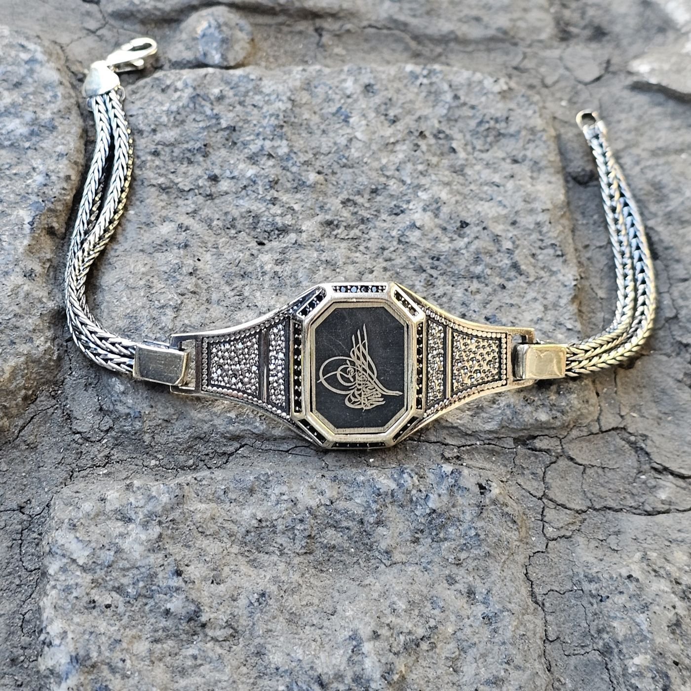 Osmanlı Tuğra Lazer işelemeli 925 Ayar Gümüş Erkek Bileklik