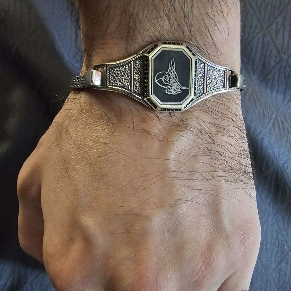 Osmanlı Tuğra Lazer işelemeli 925 Ayar Gümüş Erkek Bileklik