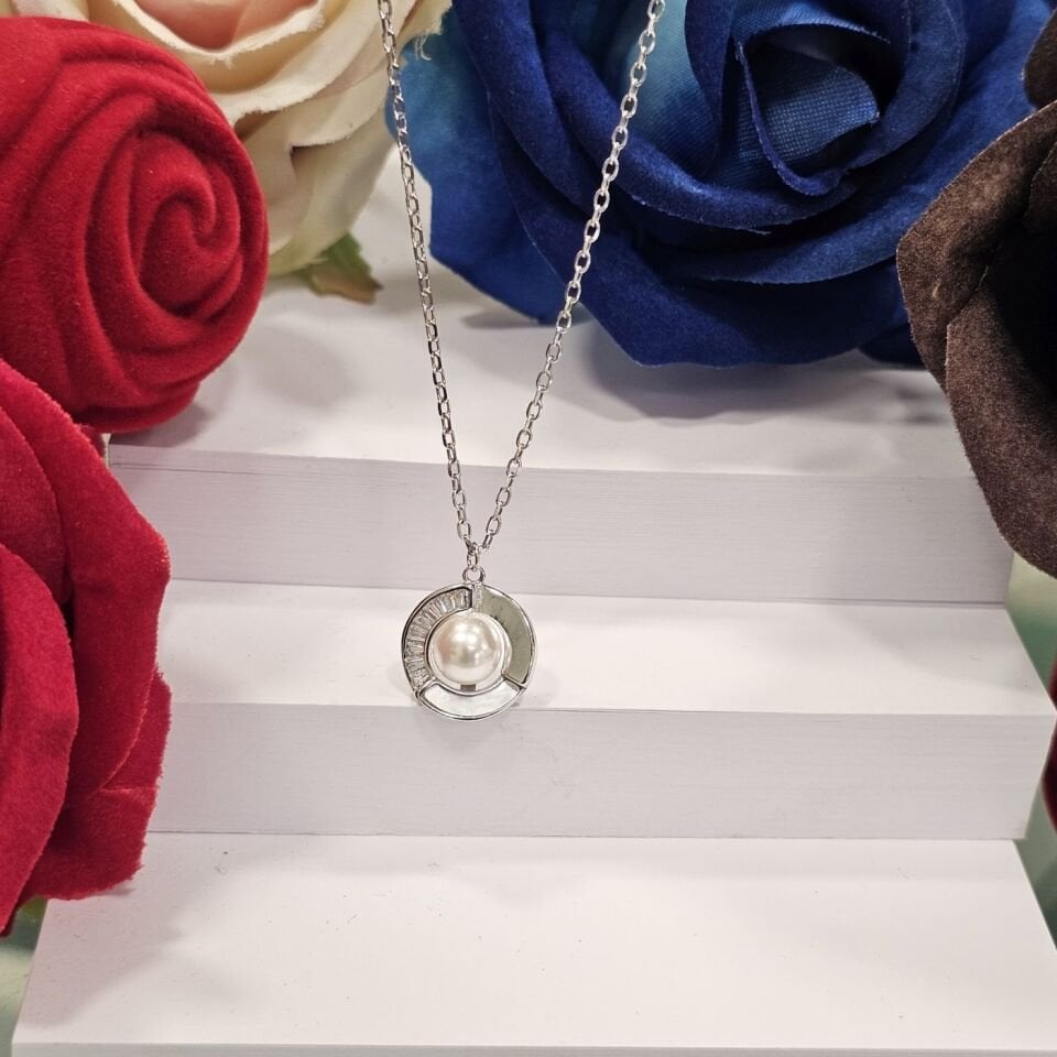 İnci Sedef İşlemeli 925 Ayar Gümüş Kadın Kolye