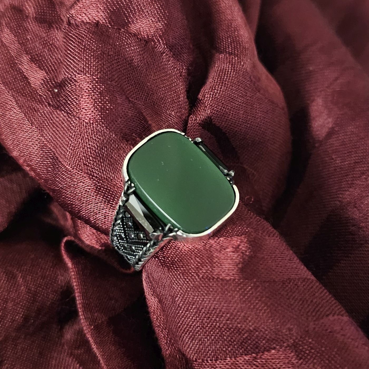 Oval kesim Onıks Taşlı 925 Ayar Gümüş Yüzük yeşil - 26