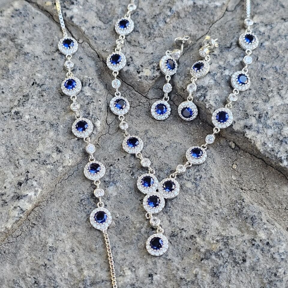 925 Ayar Ametist Damla Model Rodyumlu Kadın Set