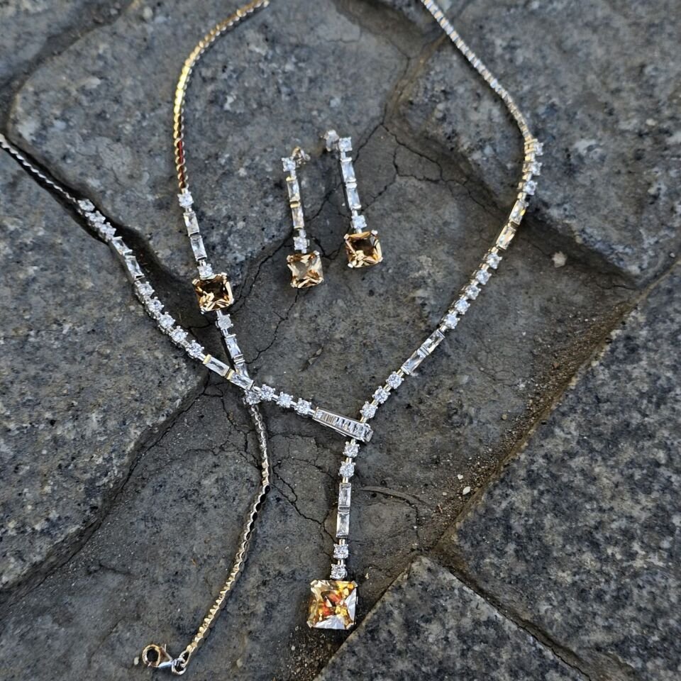 925 Ayar Gümüş Rodyumlu Vintage Sitrin Kare Taşlı Set