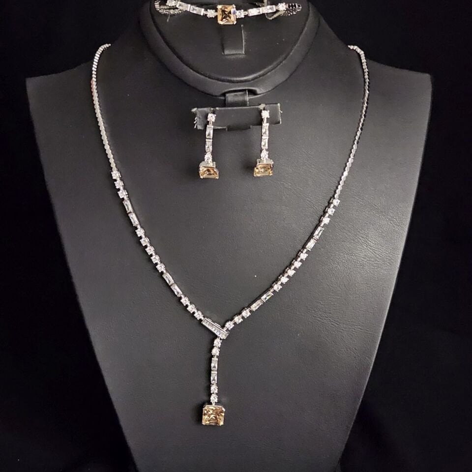 925 Ayar Gümüş Rodyumlu Vintage Sitrin Kare Taşlı Set