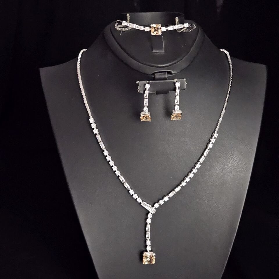 925 Ayar Gümüş Rodyumlu Vintage Sitrin Kare Taşlı Set