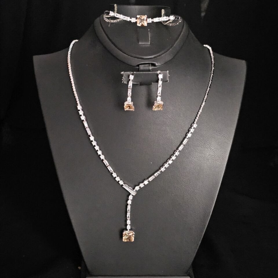 925 Ayar Gümüş Rodyumlu Vintage Sitrin Kare Taşlı Set