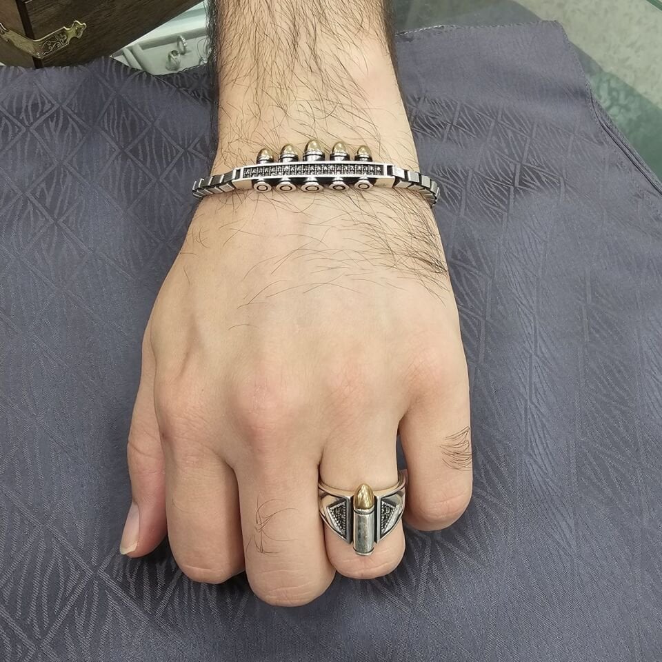 Kurşun Figürü Model 925 Ayar Gümüş Yüzük ve Bileklik Set