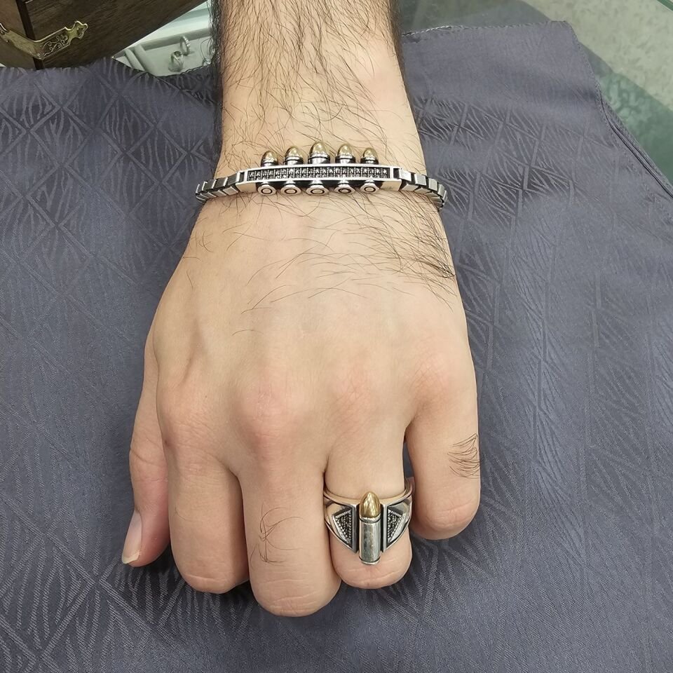 Kurşun Figürü Model 925 Ayar Gümüş Yüzük ve Bileklik Set
