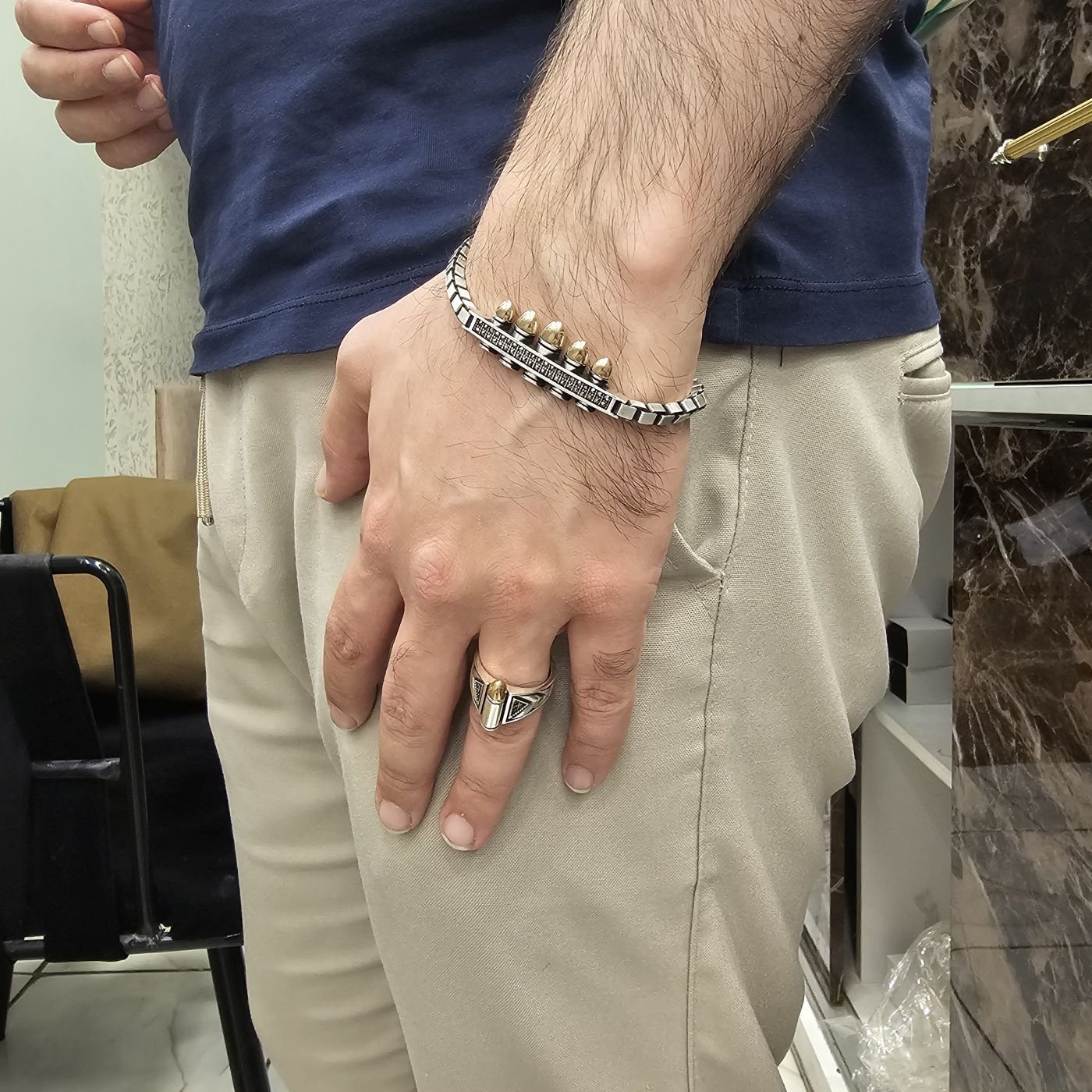 Kurşun Figürü Model 925 Ayar Gümüş Yüzük ve Bileklik Set