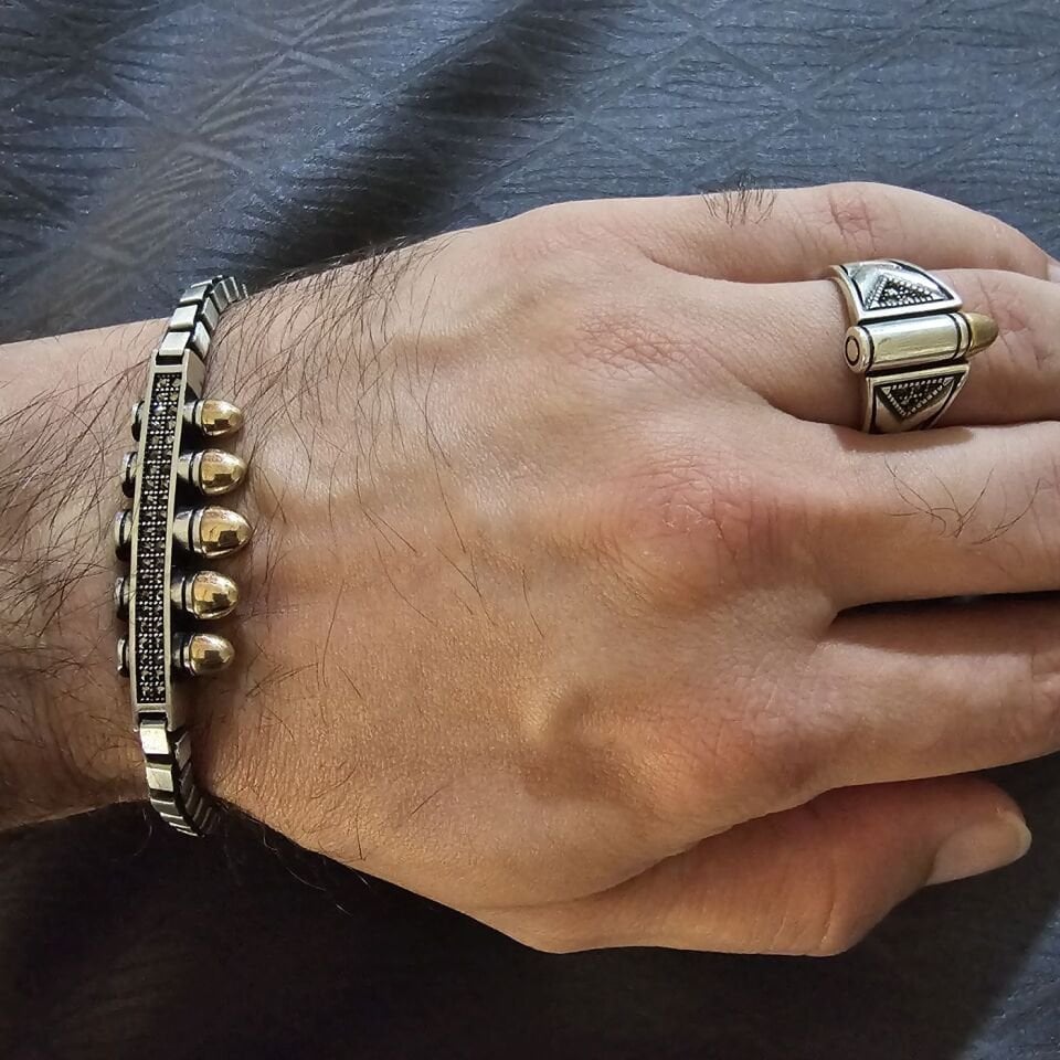 Kurşun Figürü Model 925 Ayar Gümüş Yüzük ve Bileklik Set