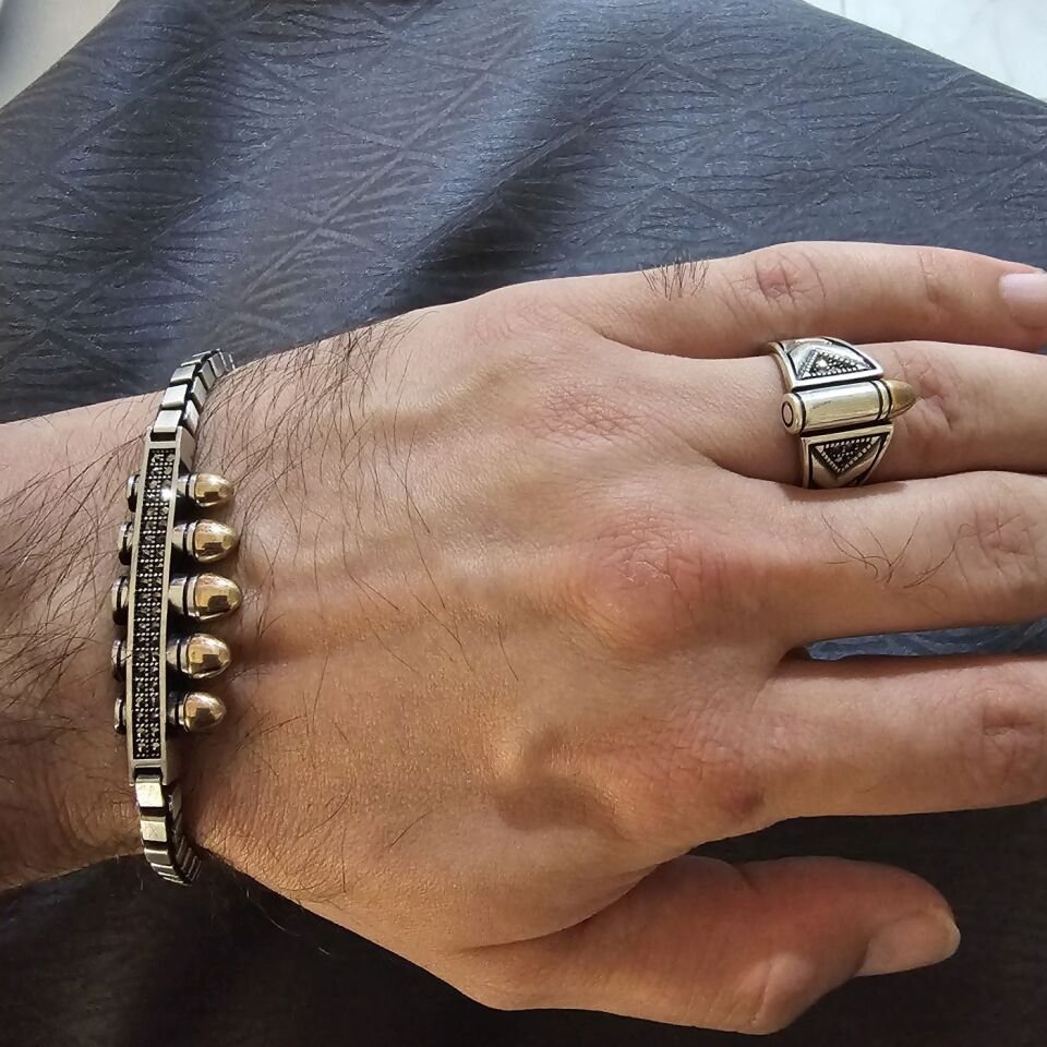 Kurşun Figürü Model 925 Ayar Gümüş Yüzük ve Bileklik Set