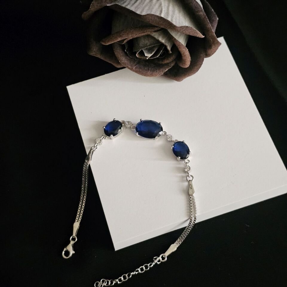 925 Ayar Gümüş Lacivert Damla Zirkon Taşlı Kadın Bileklik