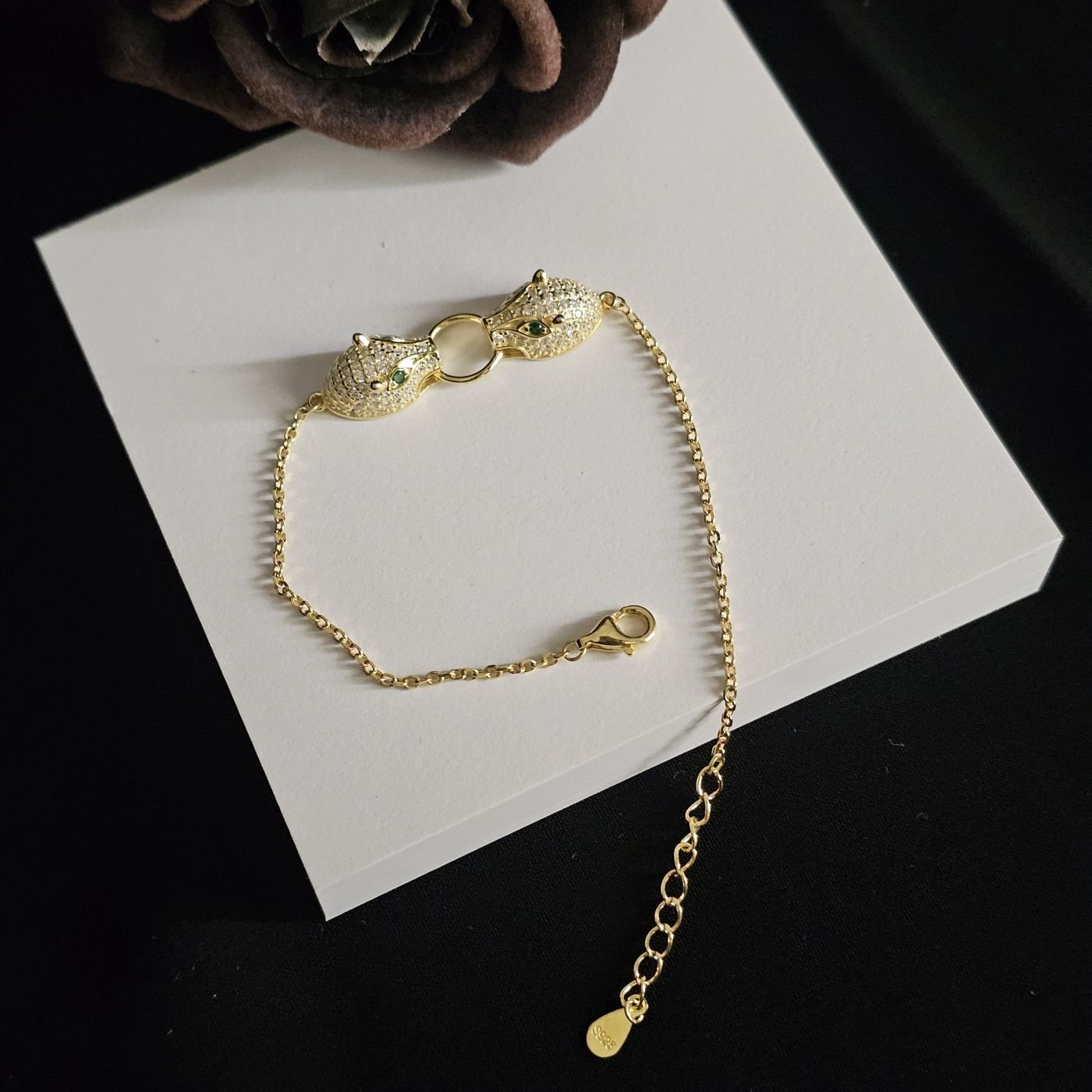 925 Ayar Gümüş Rose Kaplama Rodyumlu Leopar Kafalı Kadın Bileklği