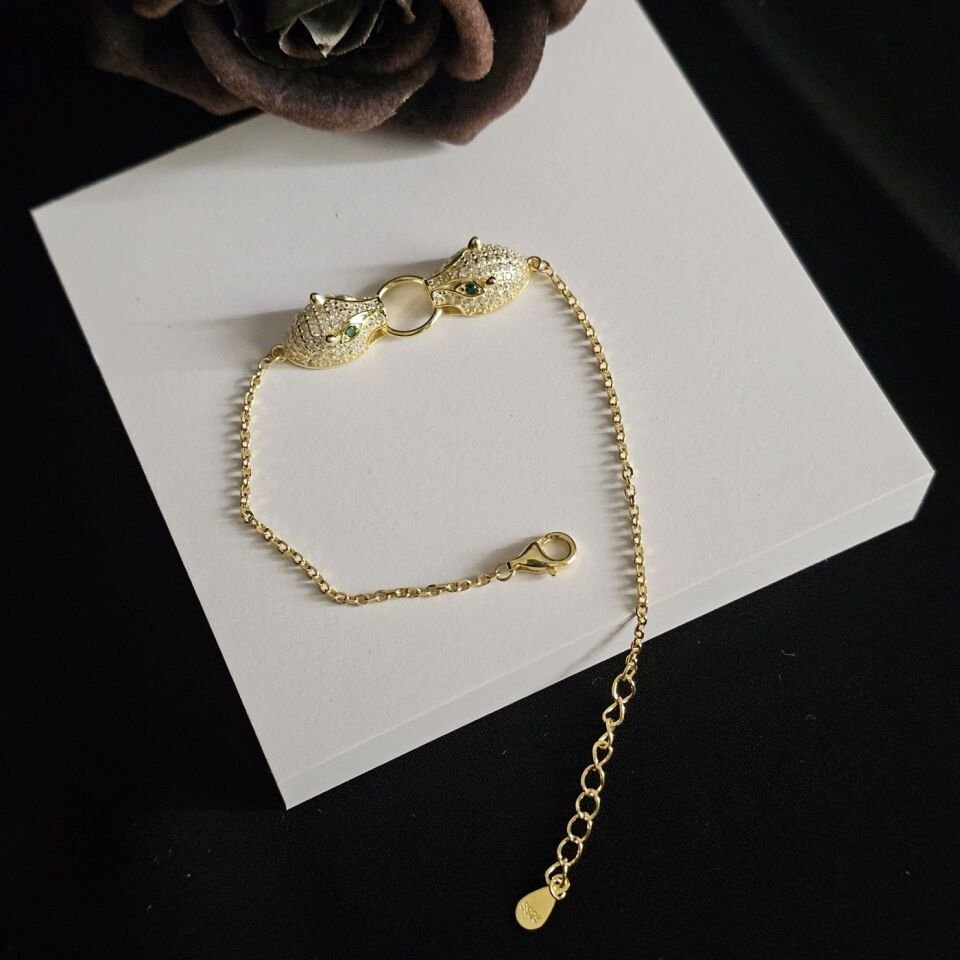 925 Ayar Gümüş Rose Kaplama Rodyumlu Leopar Kafalı Kadın Bileklği