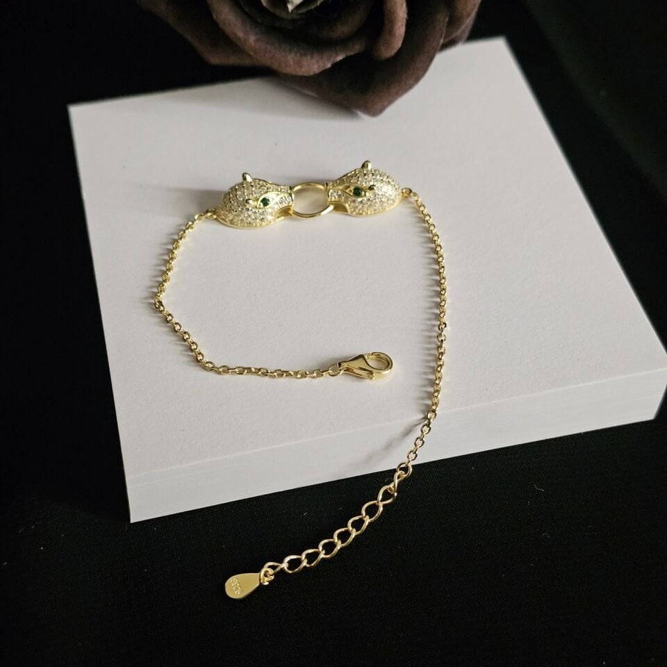 925 Ayar Gümüş Rose Kaplama Rodyumlu Leopar Kafalı Kadın Bileklği