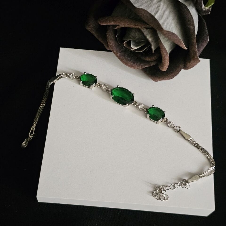 925 Ayar Gümüş Yeşil Damla Zirkon Taşlı Kadın Bilekliği