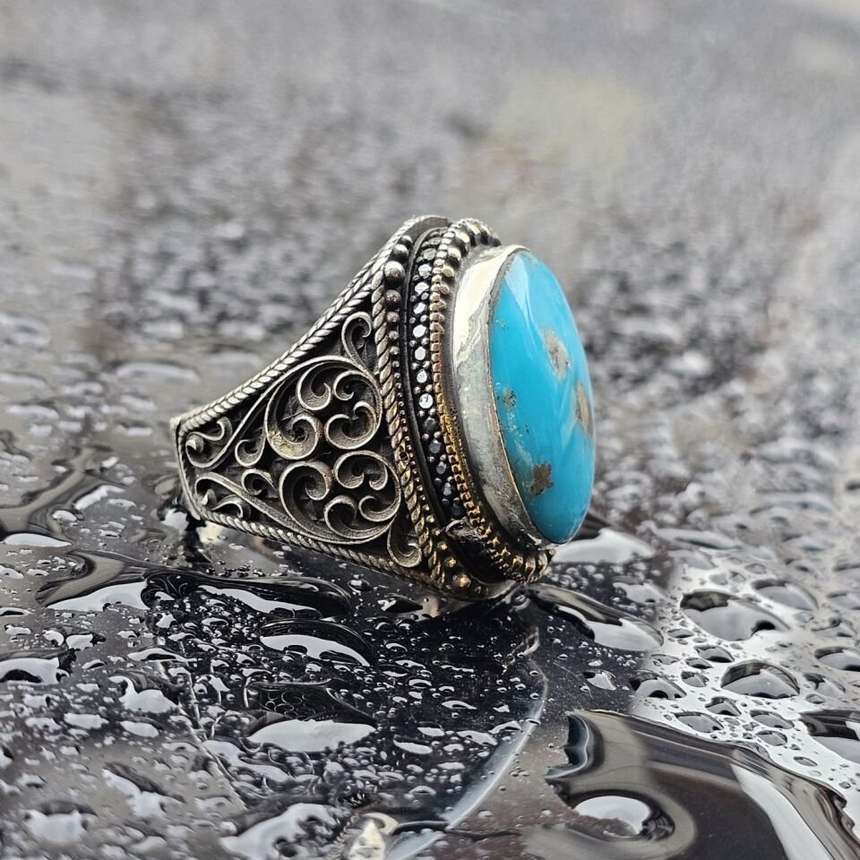 925 Ayar Orjinal Firuze Taşlı Üst Düzey El işi Erkek Yüzük