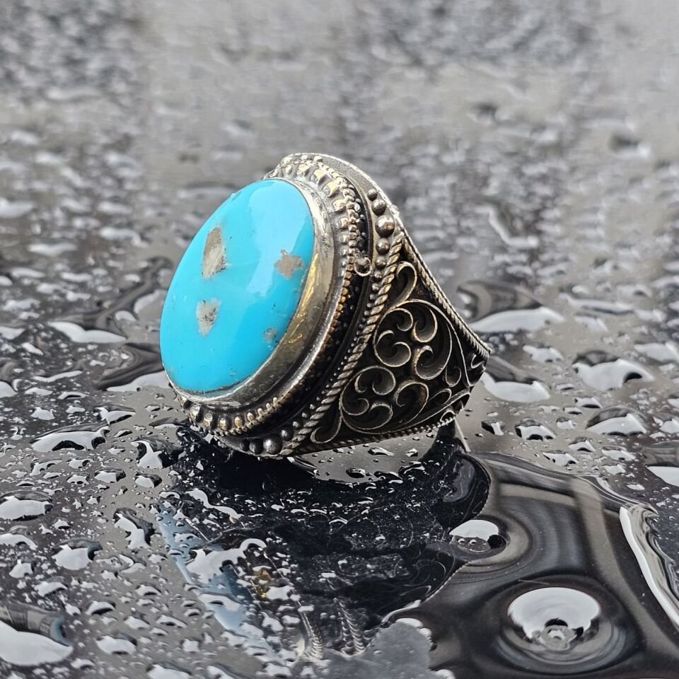 925 Ayar Orjinal Firuze Taşlı Üst Düzey El işi Erkek Yüzük