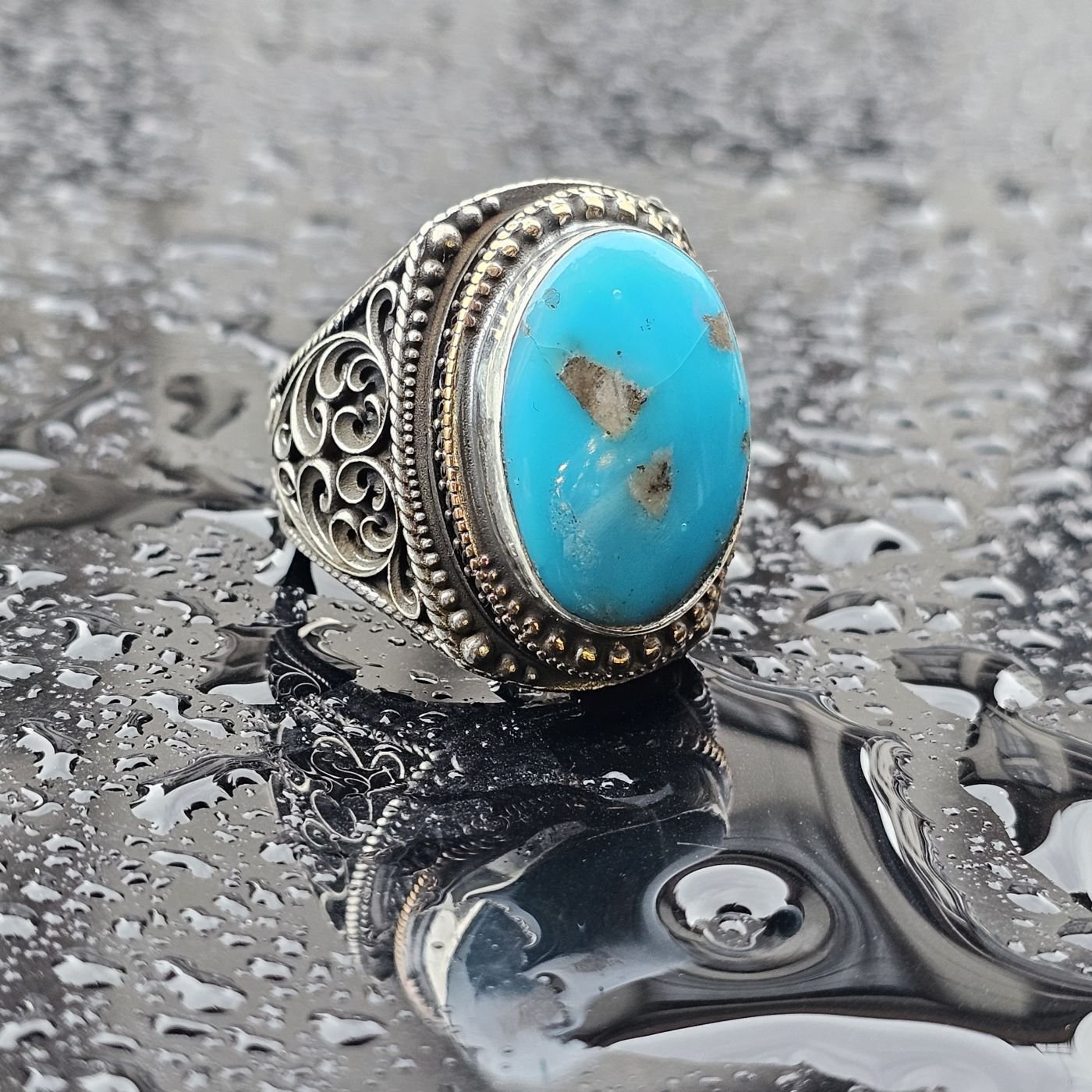 925 Ayar Orjinal Firuze Taşlı Üst Düzey El işi Erkek Yüzük