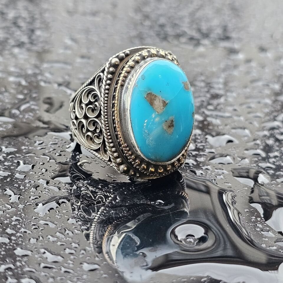 925 Ayar Orjinal Firuze Taşlı Üst Düzey El işi Erkek Yüzük