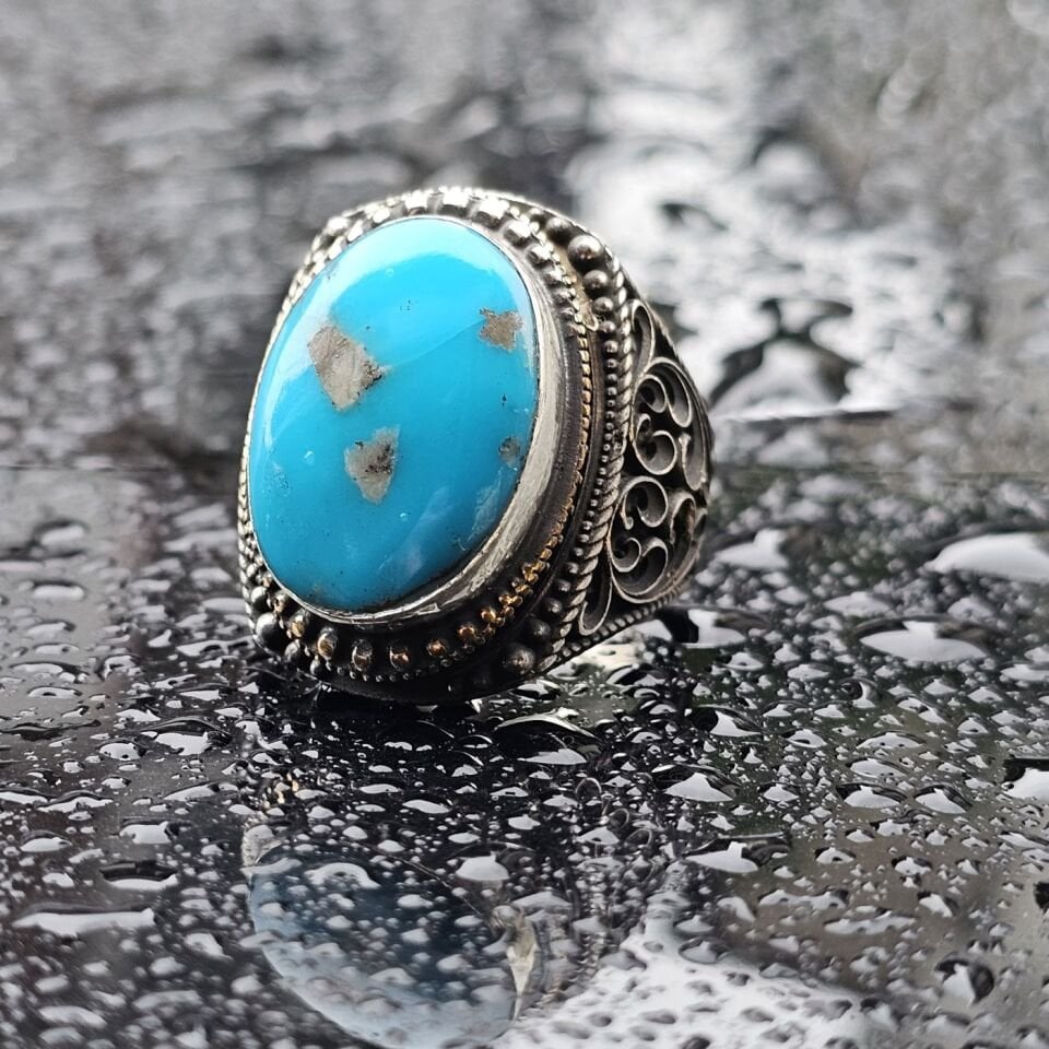 925 Ayar Orjinal Firuze Taşlı Üst Düzey El işi Erkek Yüzük