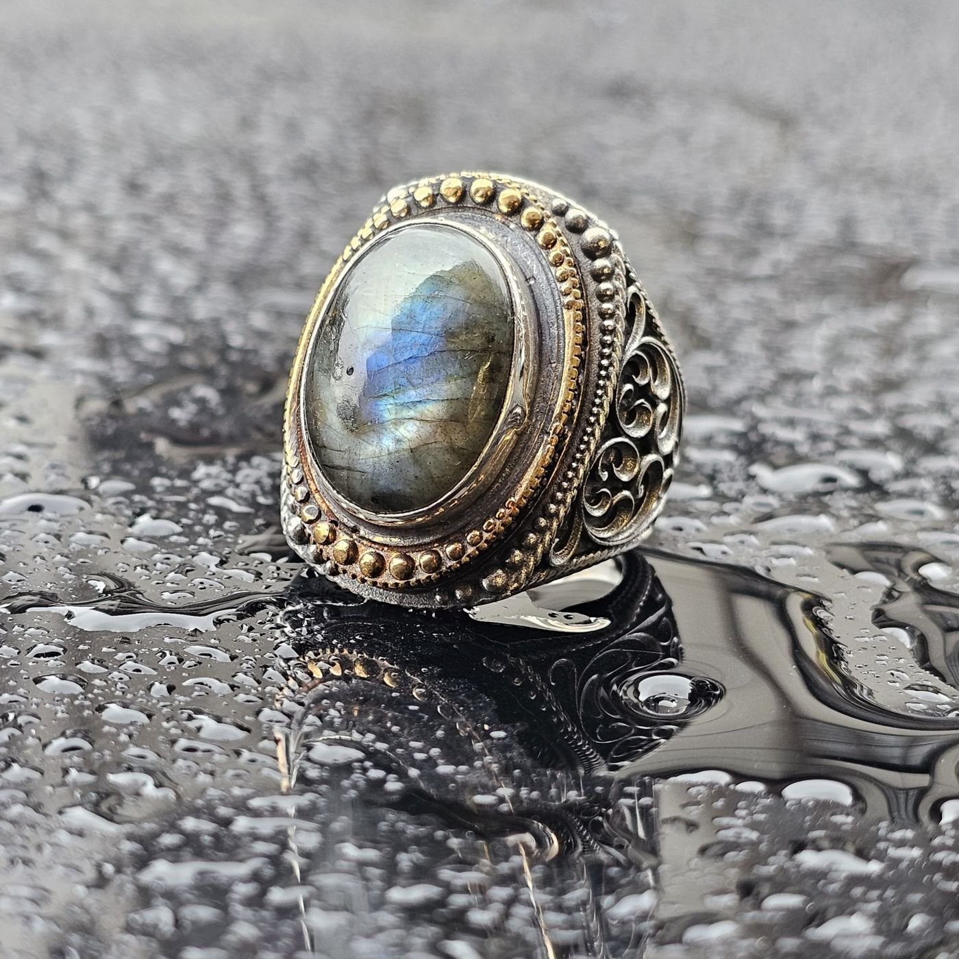 925 Ayar Orjinal Labradorit Taşlı Üst Düzey El işi Erkek Yüzük