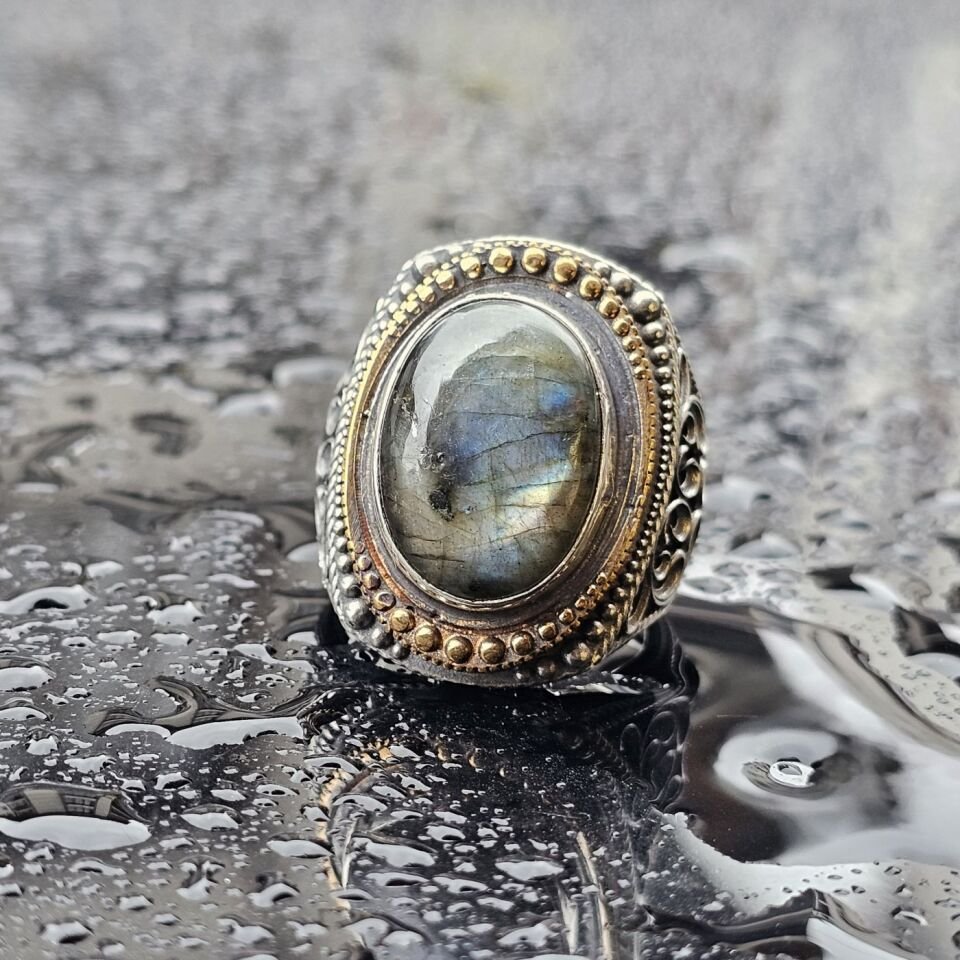 925 Ayar Orjinal Labradorit Taşlı Üst Düzey El işi Erkek Yüzük