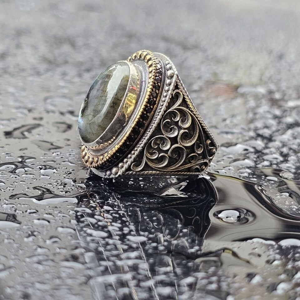 925 Ayar Orjinal Labradorit Taşlı Üst Düzey El işi Erkek Yüzük