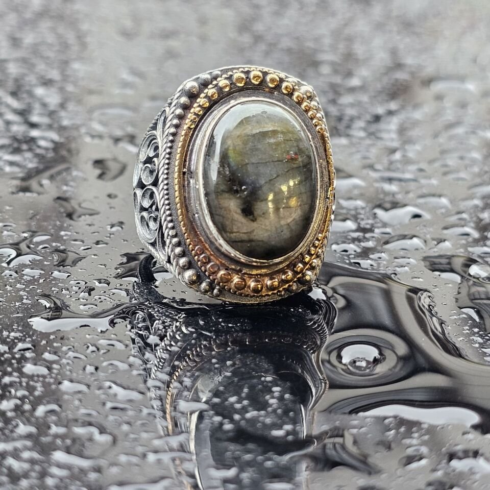 925 Ayar Orjinal Labradorit Taşlı Üst Düzey El işi Erkek Yüzük